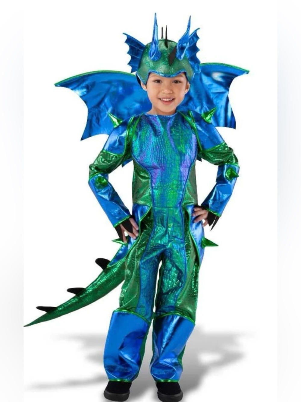 Blue and Green Shimmer Dragon Kids Halloween Costume with Wings and Hood